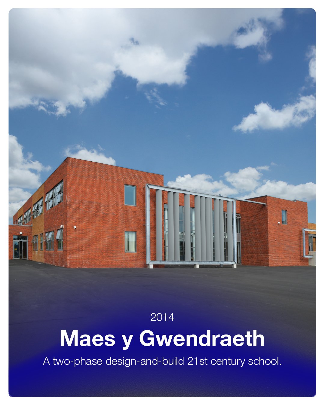 Cover image of a book showing a modern red brick school building with large windows under a partly cloudy sky. The text reads '2014 Maes y Gwendreath A two-phase design-and-build 21st century school.'