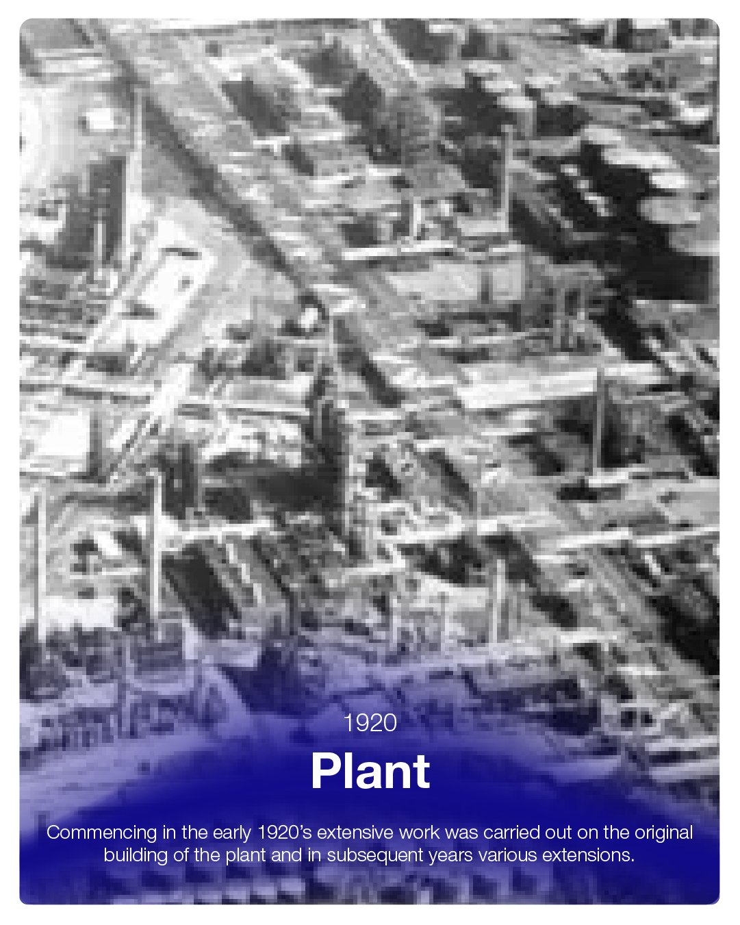 Black and white aerial photograph of an early 20th-century industrial plant, showing buildings, smokestacks, and associated structures, with a blue overlay containing the text: '1920 Plant. Commencing in the early 1920's extensive work was carried ou