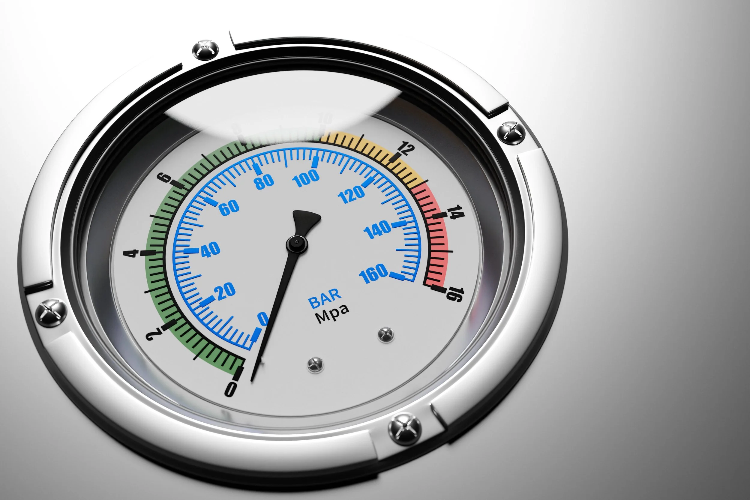 Pressure gauge with black needle pointing to zero, displaying measurements in BAR and Mpa, with colored zones indicating pressure ranges.