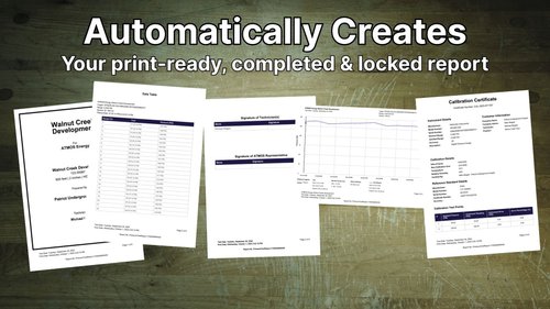 Generated immutable PDF report with auto-attached calibration certificate