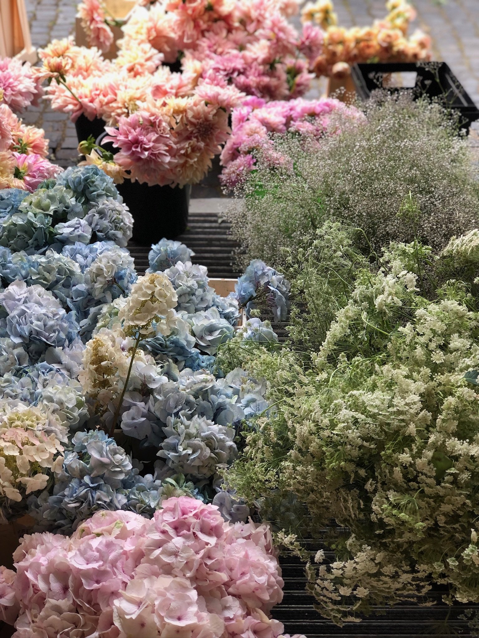Verschiedene Blütendolden von Hydrangea, Eustoma und anderen Blumen in Pastellfarben auf einem Marktstand.
