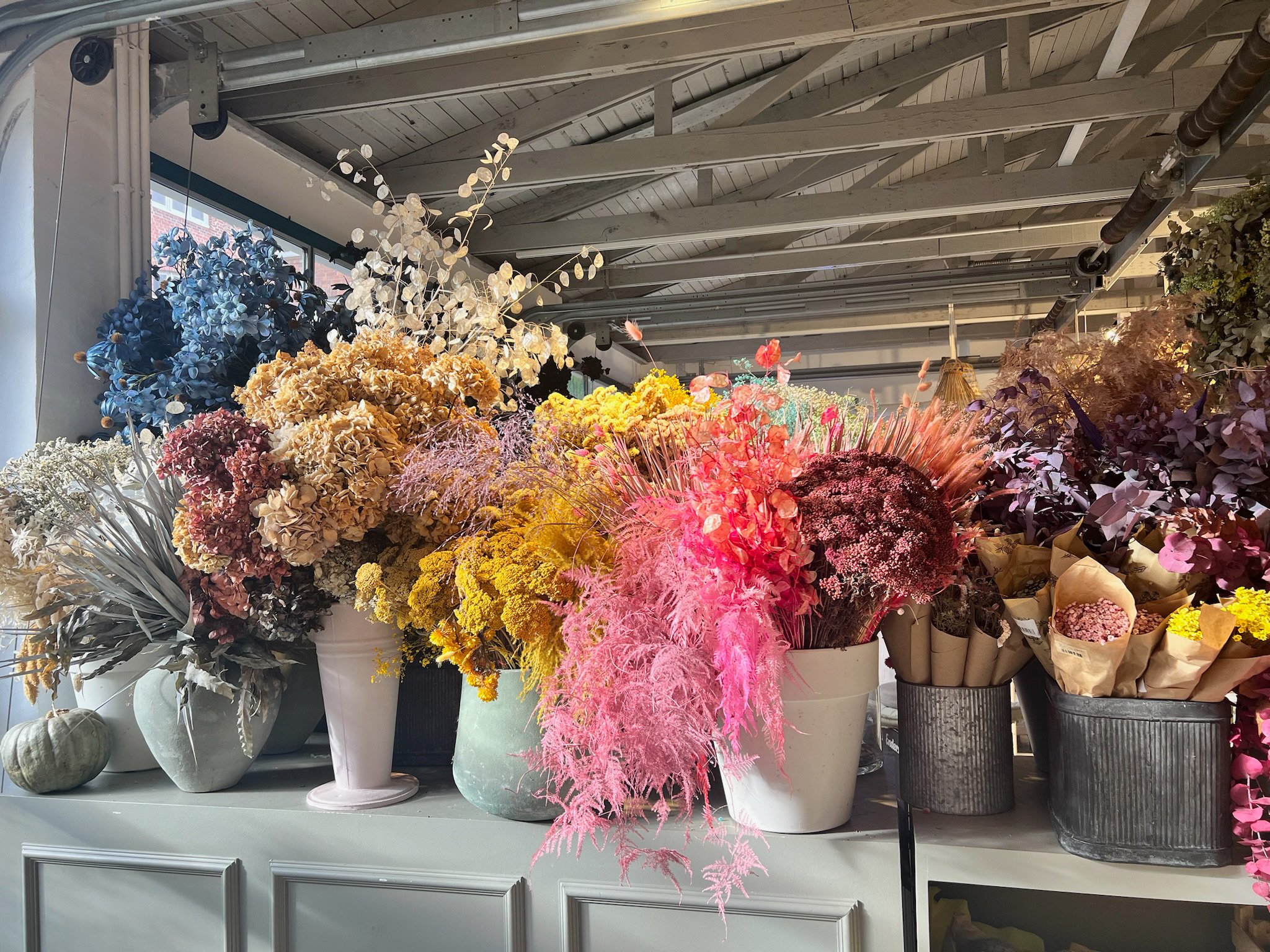 Verschiedene bunte Trockenblumen und Blumen in Vasen und Verpackungen auf einer weißen Theke, natürliche Lichtquelle, Industrie-Hintergrund