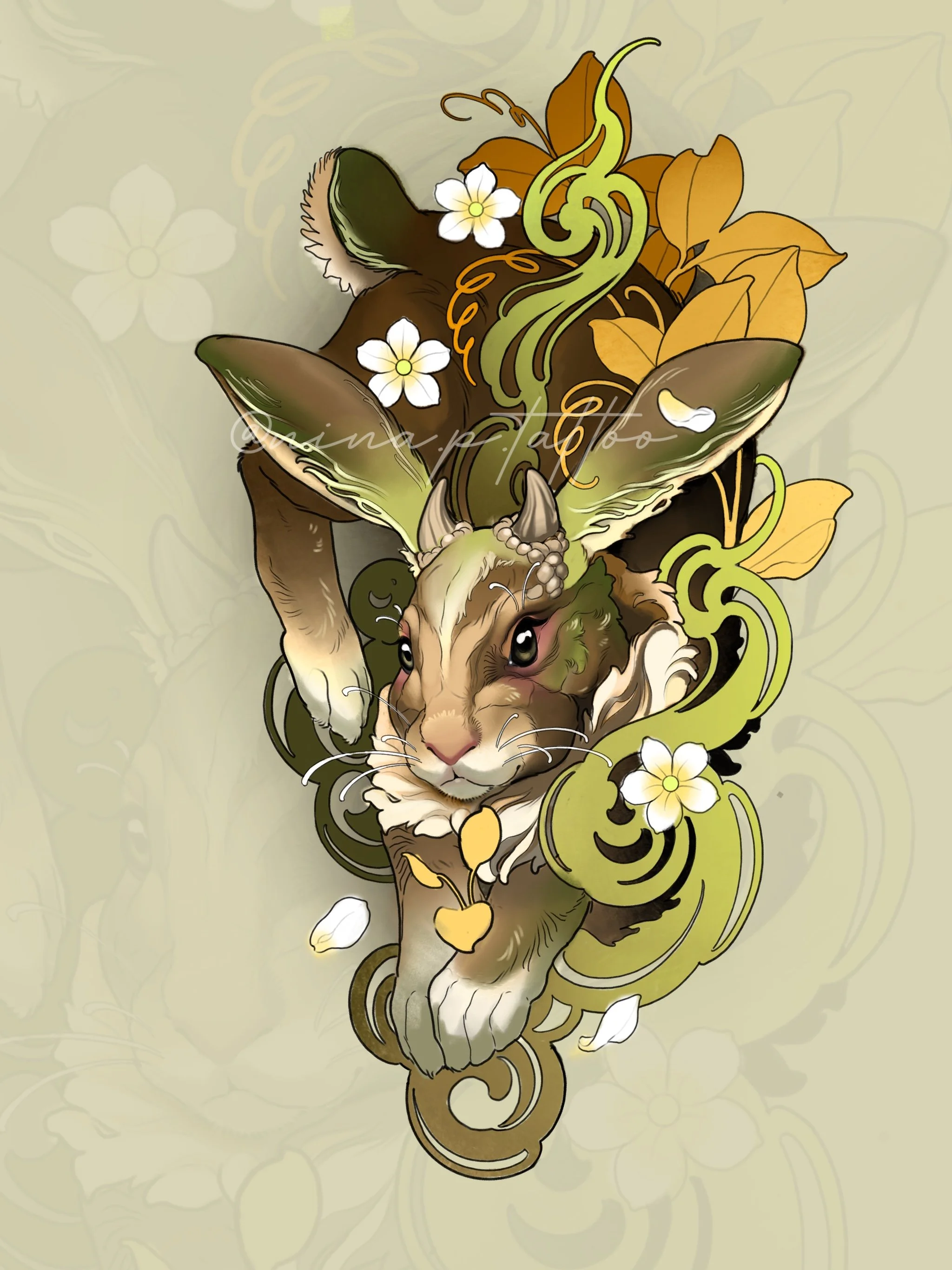 A digitial illustration meant to be a tattoo featuring a young jackalope running through the brush of leaves and smoke.