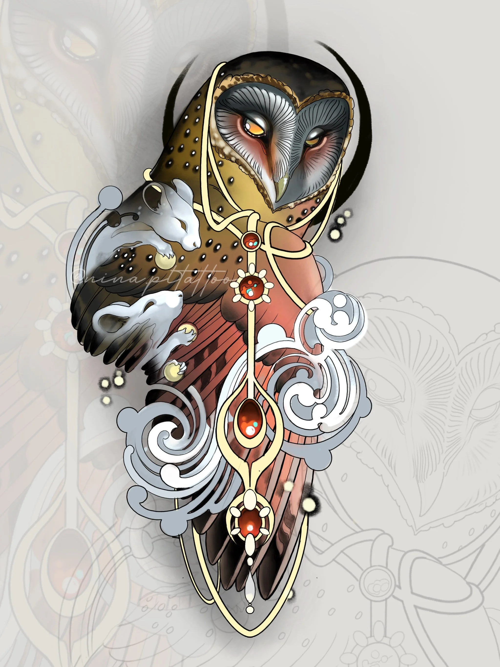 Owl and her Servants-inspired by the prey and predator relationship. This digital design features an owl encased in ornaments and the souls of those she consumes. You see them holding orbs which can be assumed is their essence, granting her life. Sty