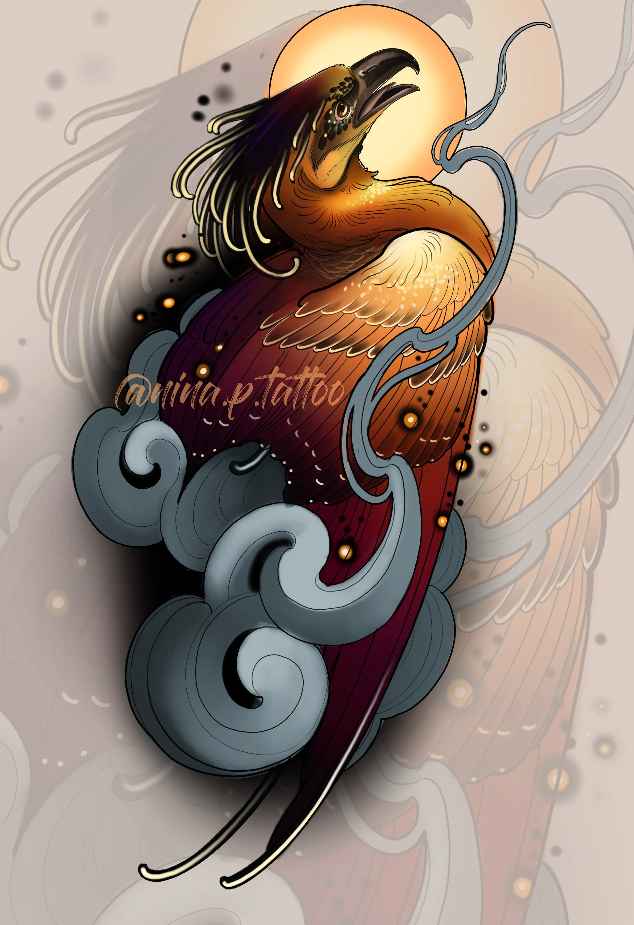 Phoenix rising. A digital image of a Phoenix rising from the smoke and ash of its previous life, greeting a new sun.