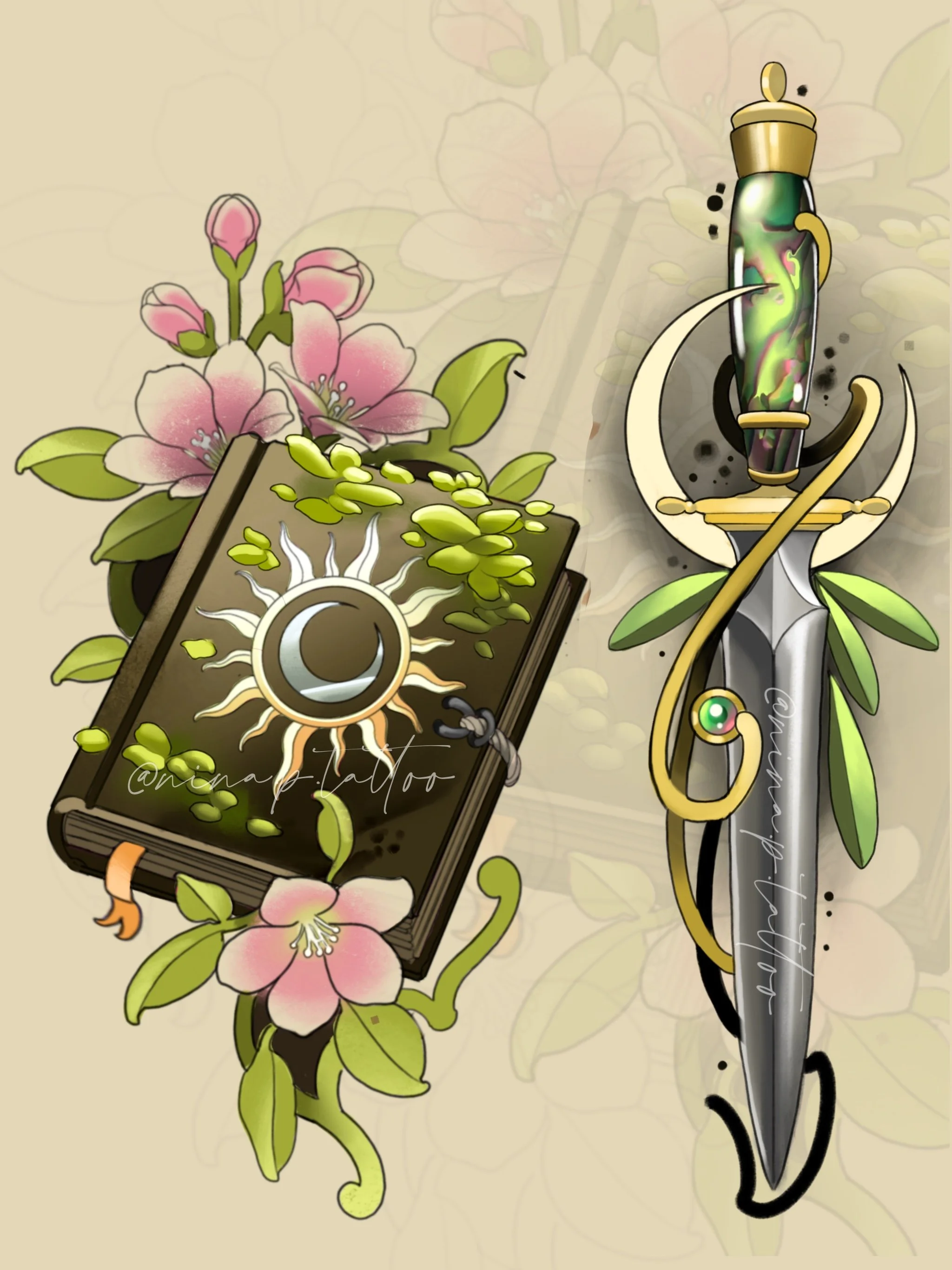 Digital tattoo illustration of Magical book covered in moss and a dagger with a moon, opal and art nouveau styled elements.