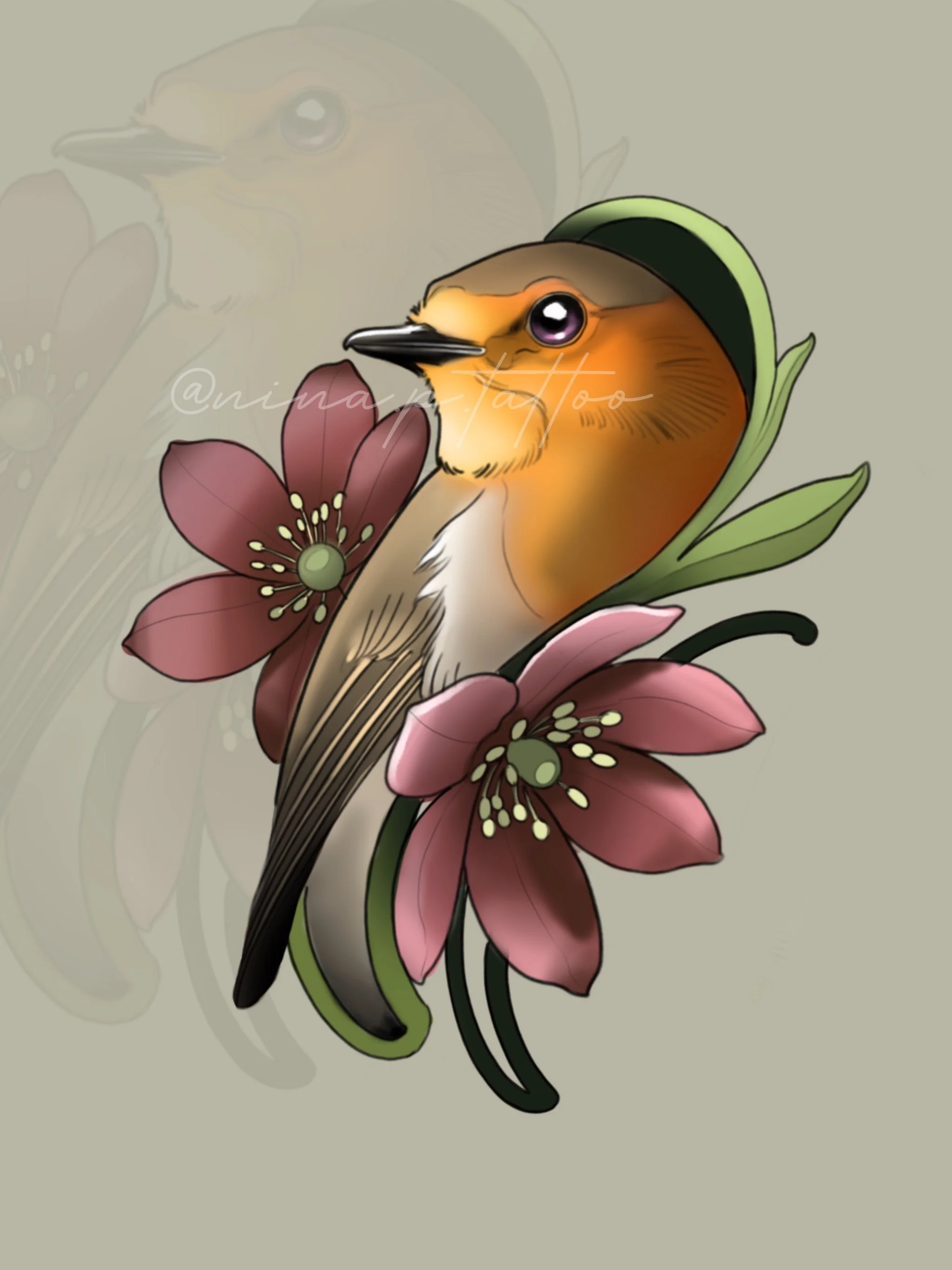 Red Robin drawn digitally with art nouveau ornaments with pink flowers.