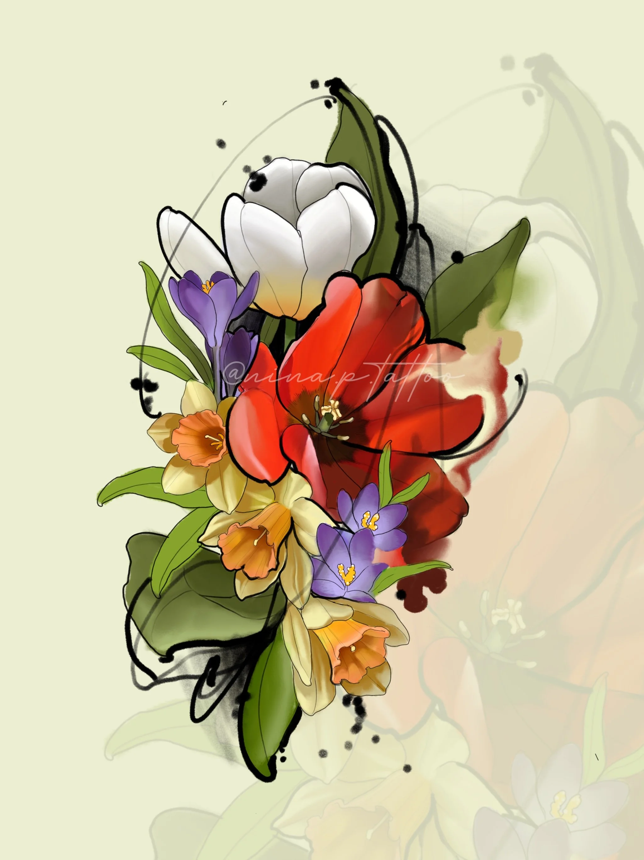 Watercolor digital tattoo illustration of poppies, tulips, crocus, and foliage. This is meant to embody springtime, a burst of life after winter.