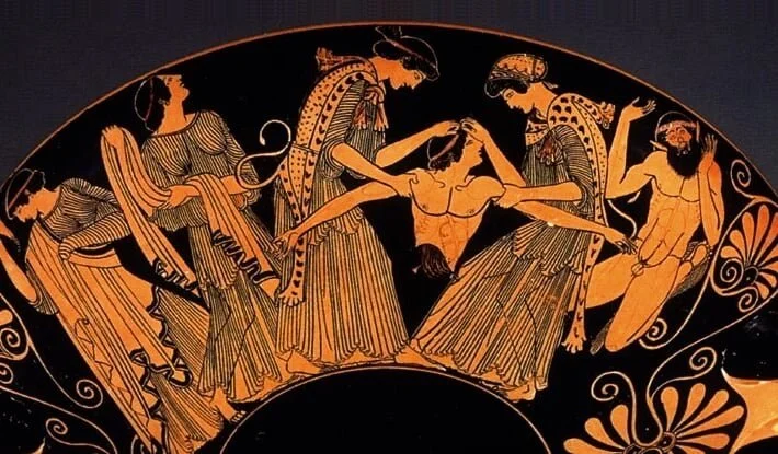 Ancient Greek pottery depicting a mythological scene with figures in traditional attire.