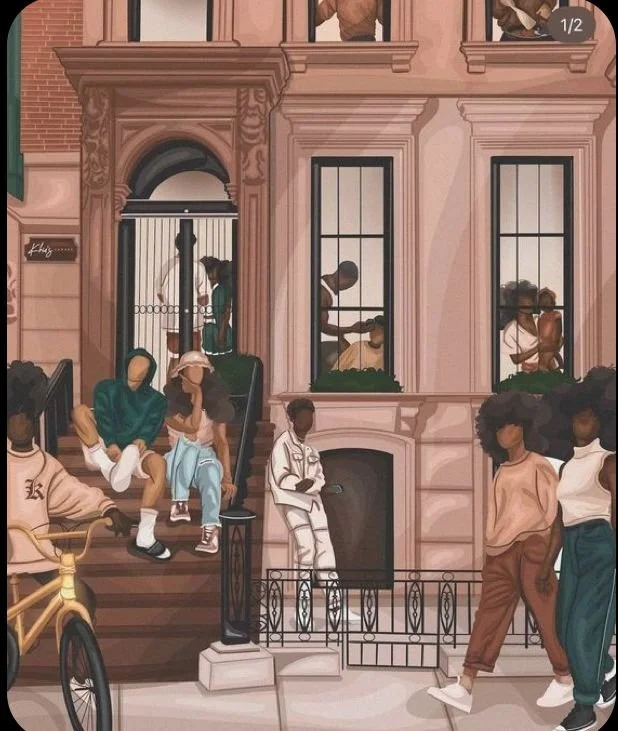 Illustration of a brownstone building with people hanging out on the front steps and inside through the windows. The scene depicts a relaxed urban neighborhood with individuals sitting, standing, and engaging near the building.