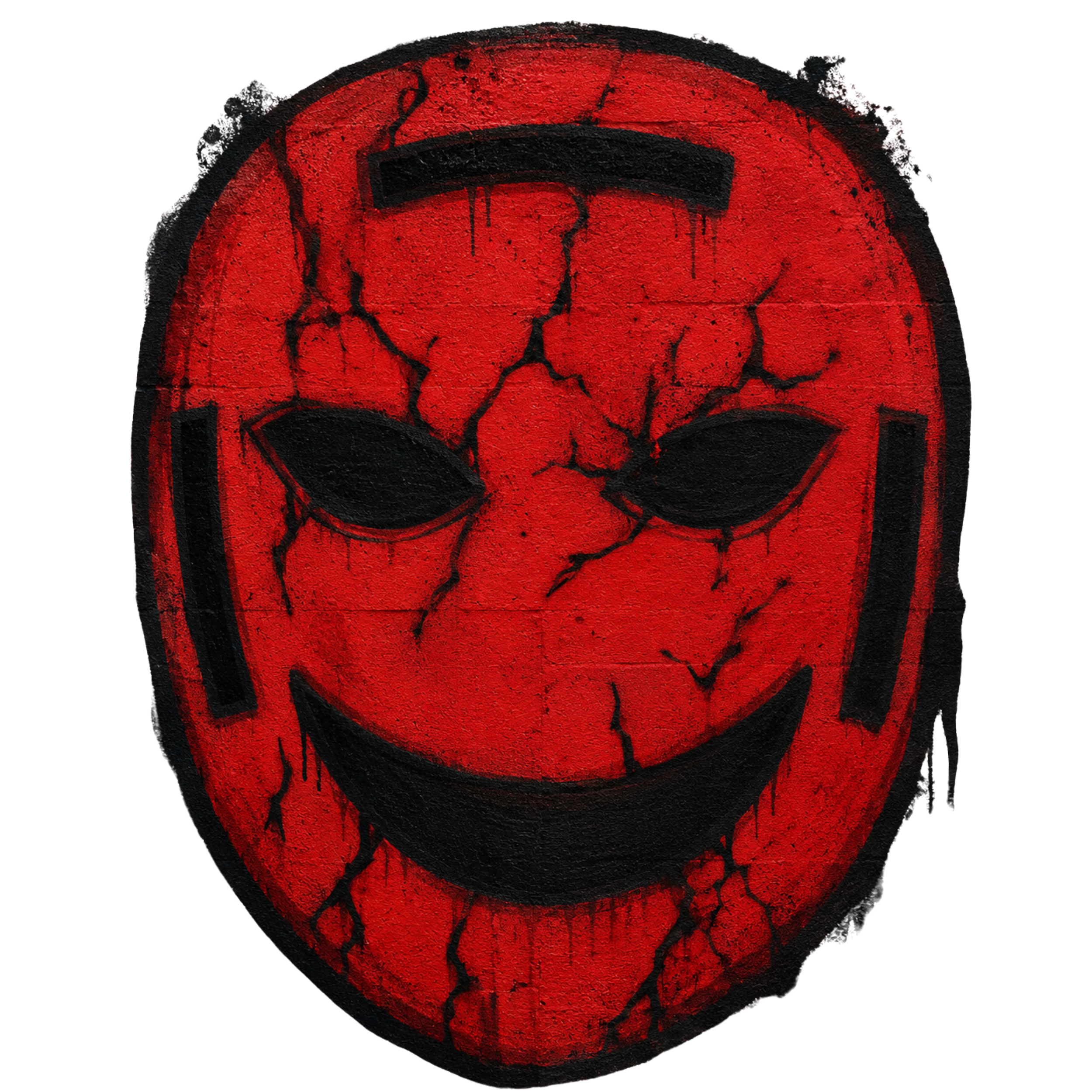 Graffiti of a red mask with cracked lines to show the flaws in a person that covers it with a big smile