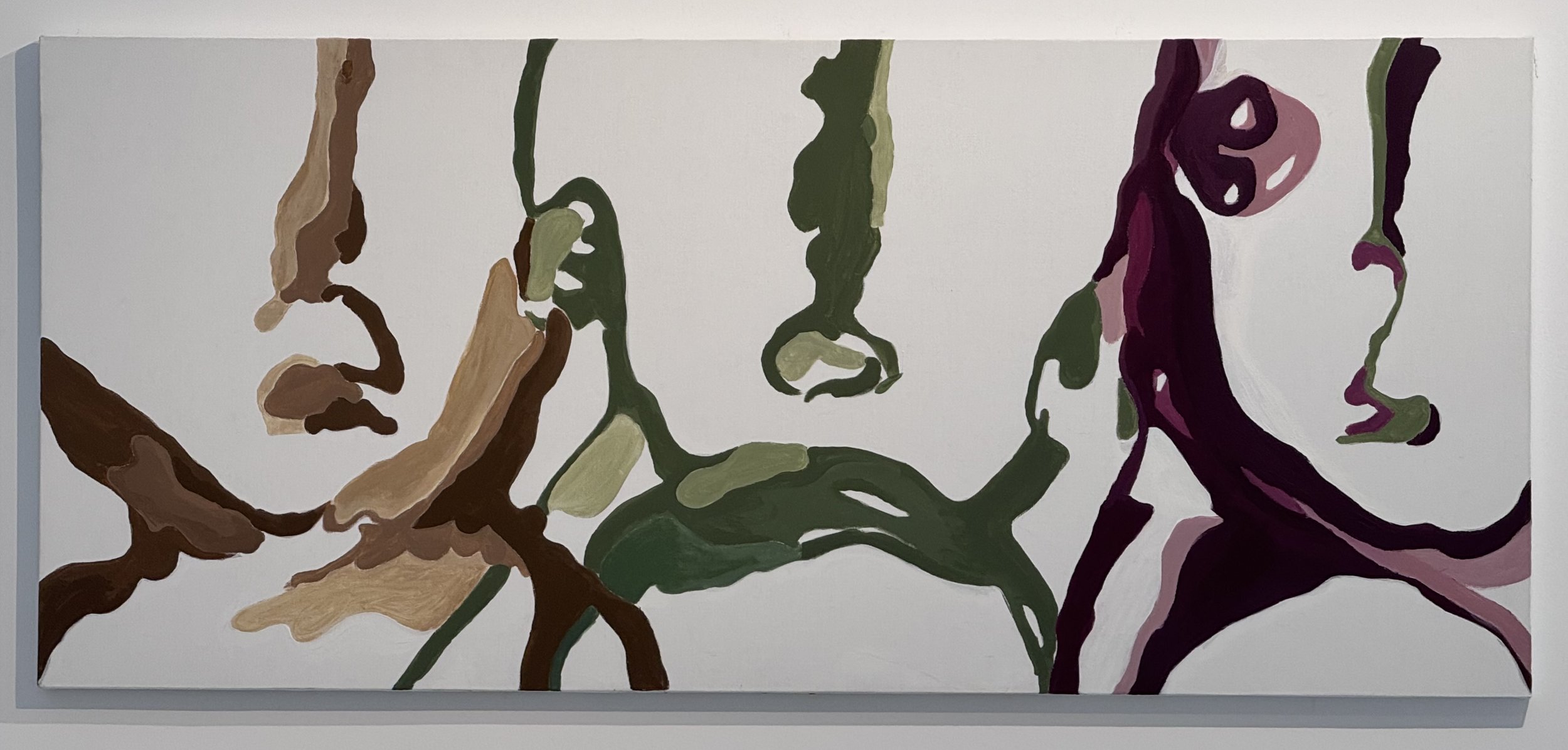 Abstract painting with flowing, organic shapes in shades of brown, green, purple, and pink on a white background.