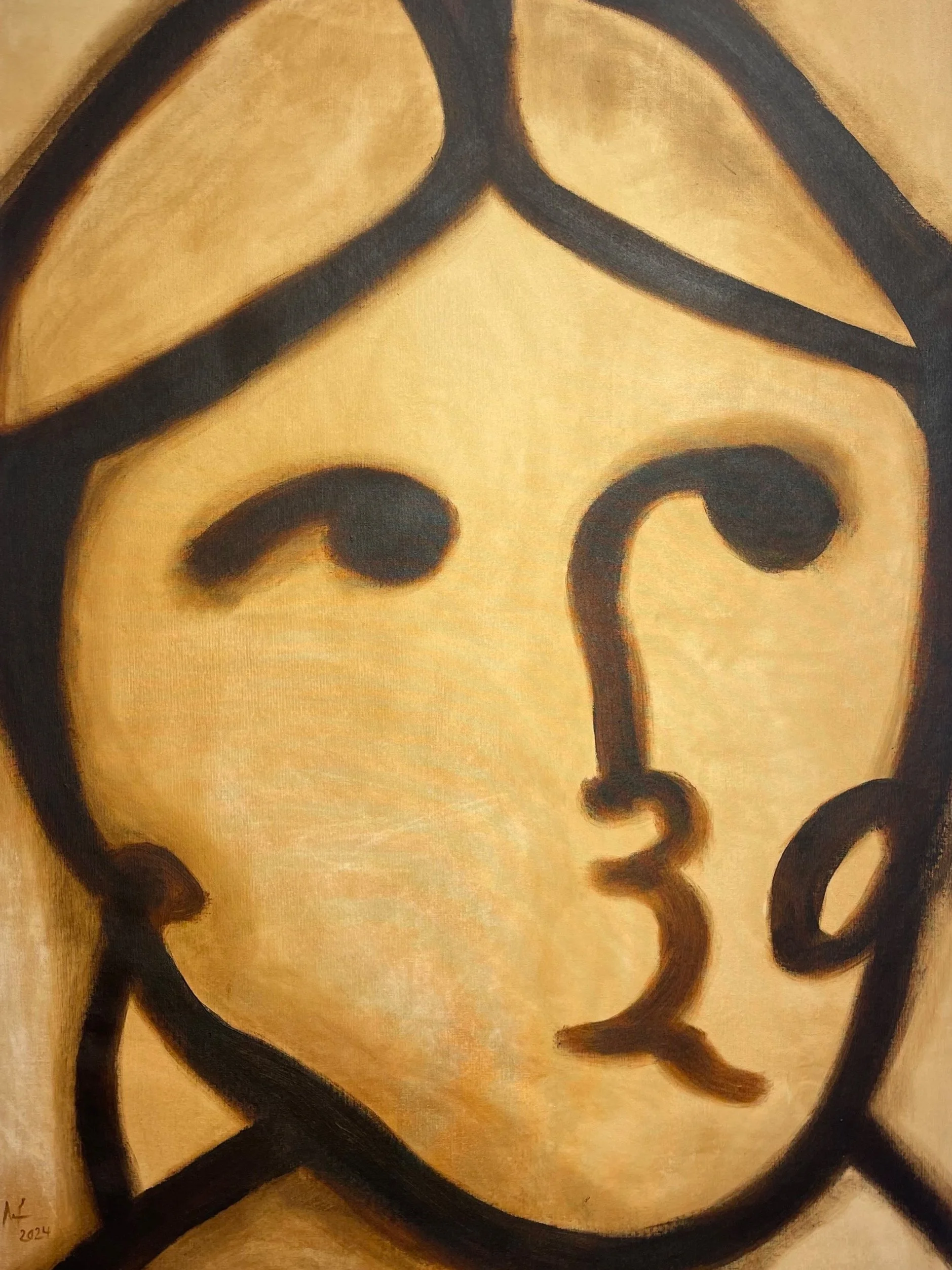 Close-up of  a golden background original acrylic on canvas artwork, black outlines defining facial features,  and the number 2024 in the bottom left corner.
