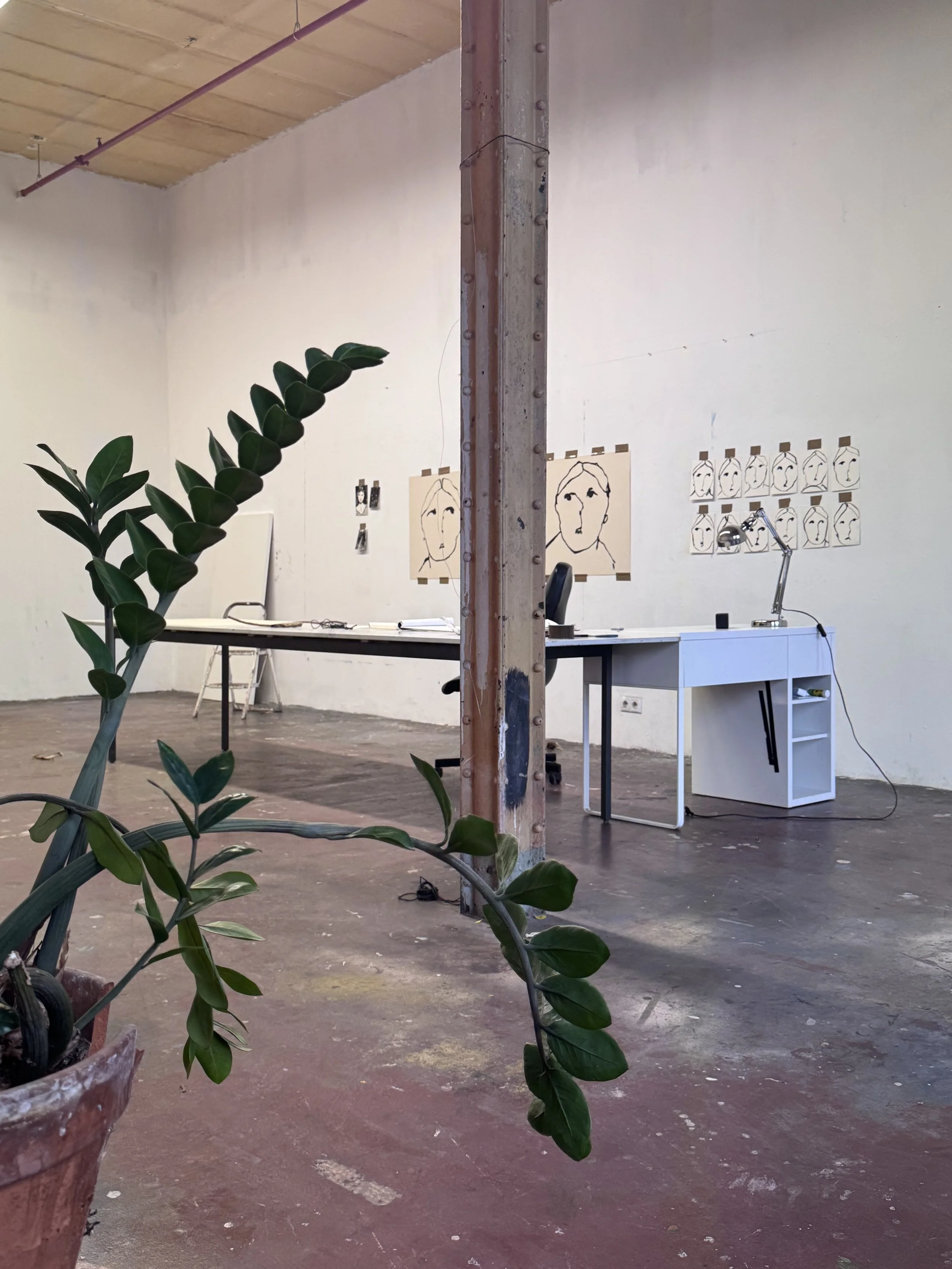 The photo showincluding a large green potted plant in the foreground. On the back wall, there are several minimalist line art portraits of faces, some of which are taped to the wall. There is a white desk and a smaller white cabinet on the right side with a silver lamp and an open drawer, and a black office chair in front of the desk.