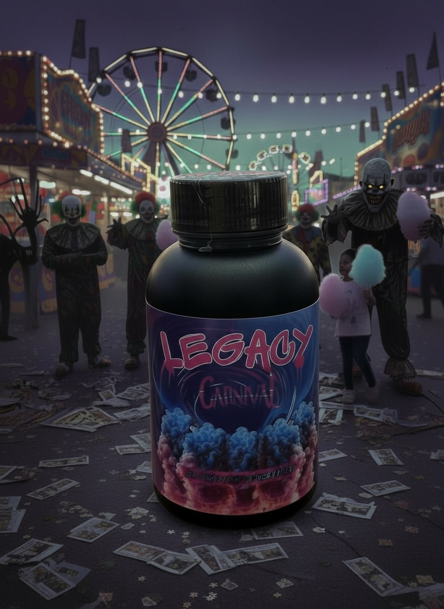 A bottle labeled 'Legacy Carnage' is in the foreground at a carnival with a Halloween or horror theme. In the background, there are lights, a Ferris wheel, and people dressed as scary clowns and a girl holding cotton candy, with scattered dollar bills and confetti on the ground.