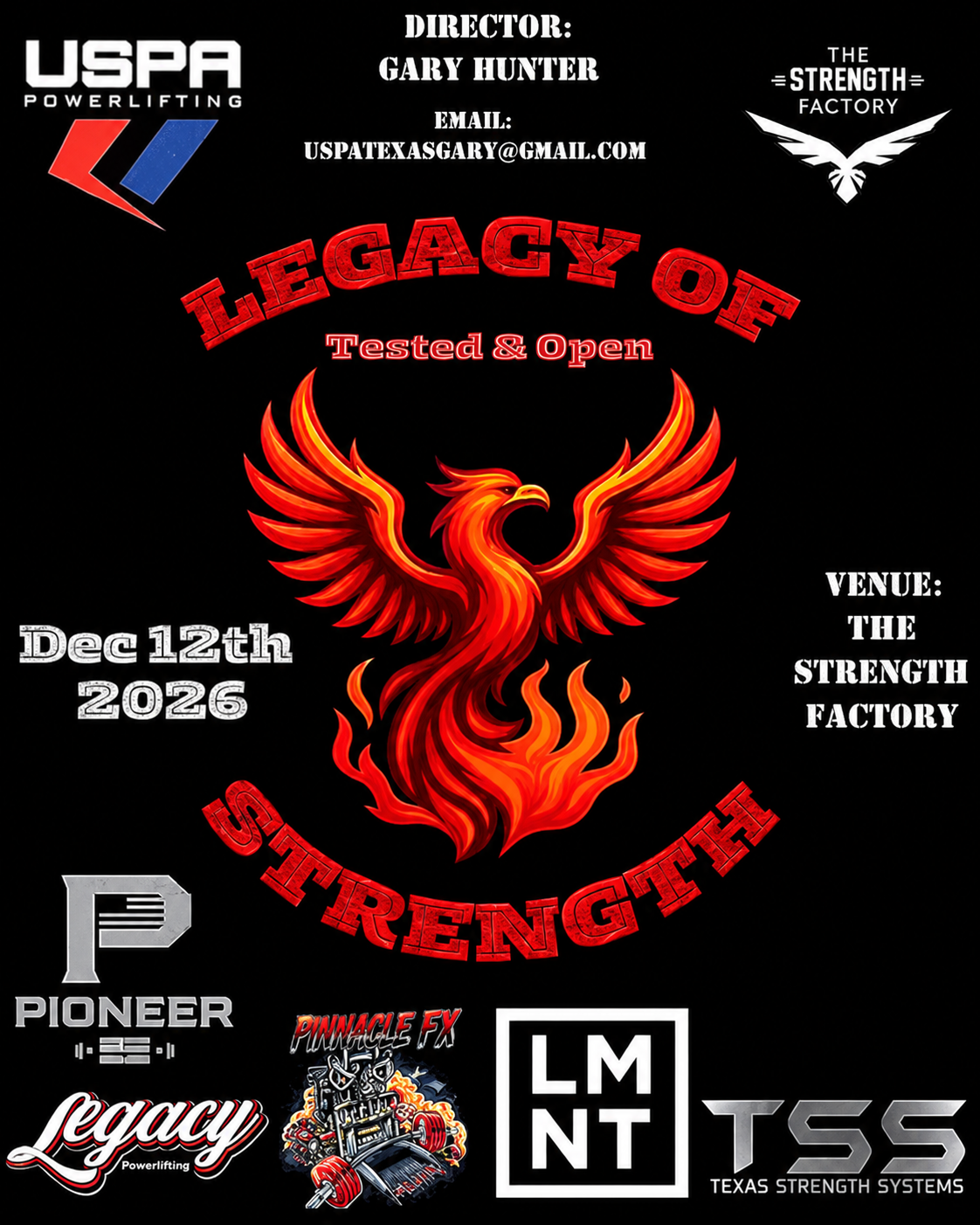 2026 Legacy of Strength powerlifting competition flyer featuring a red phoenix, December 12, 2026, at The Strength Factory in Oklahoma City, Oklahoma.