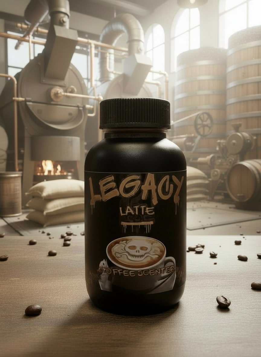 A black bottle labeled 'Legacy Latte' with a skull drawing on a coffee cup, placed on a wooden surface with coffee beans scattered around. The background features industrial coffee roasting equipment and large windows.
