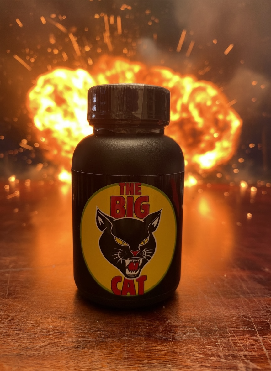 A black bottle labeled 'The Big Cat' with a fierce black cat graphic, placed on a wooden surface with an explosion background.