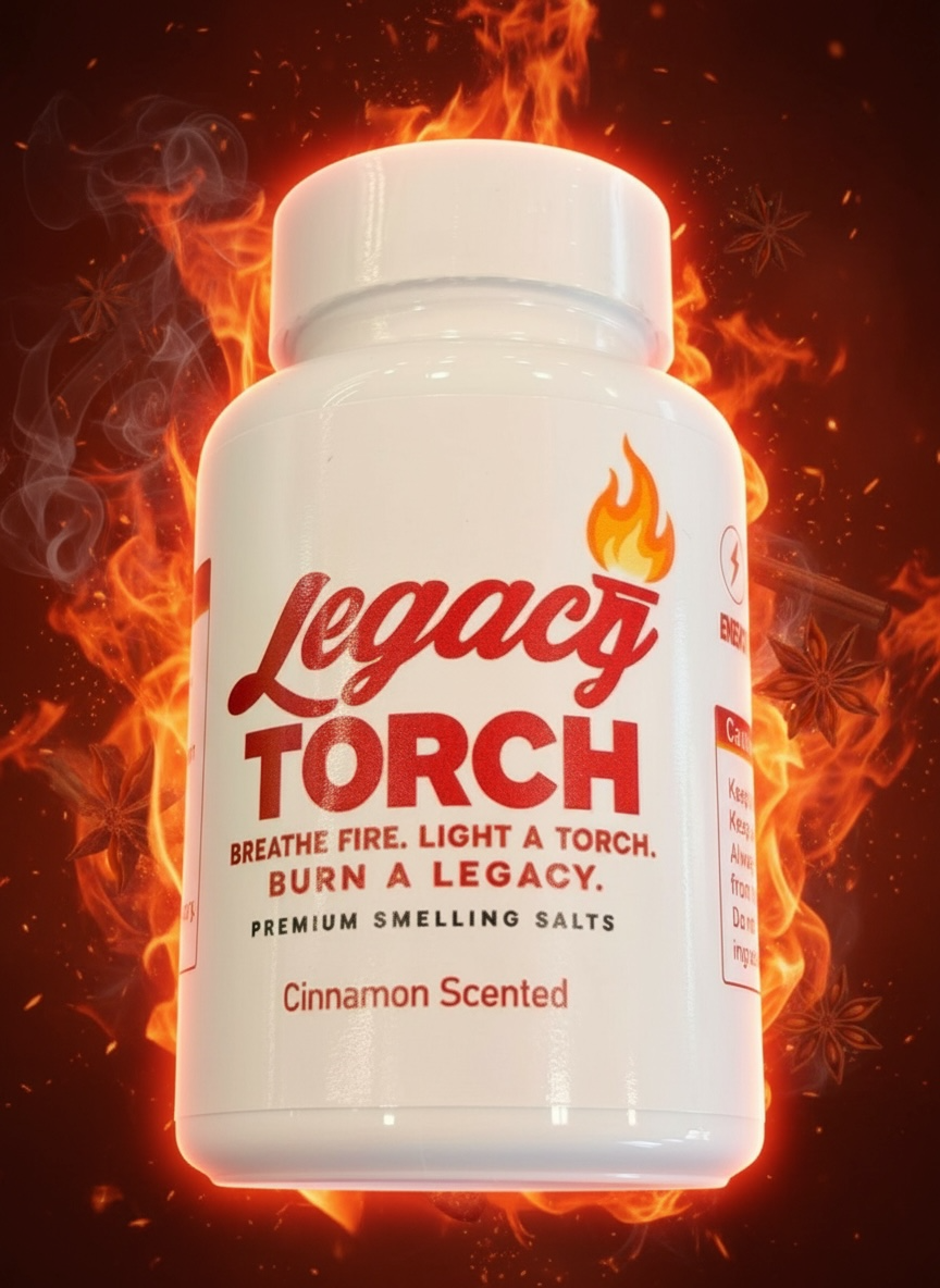 A container of Legacy Torch cinnamon scented premium smelling salts with a fiery background.