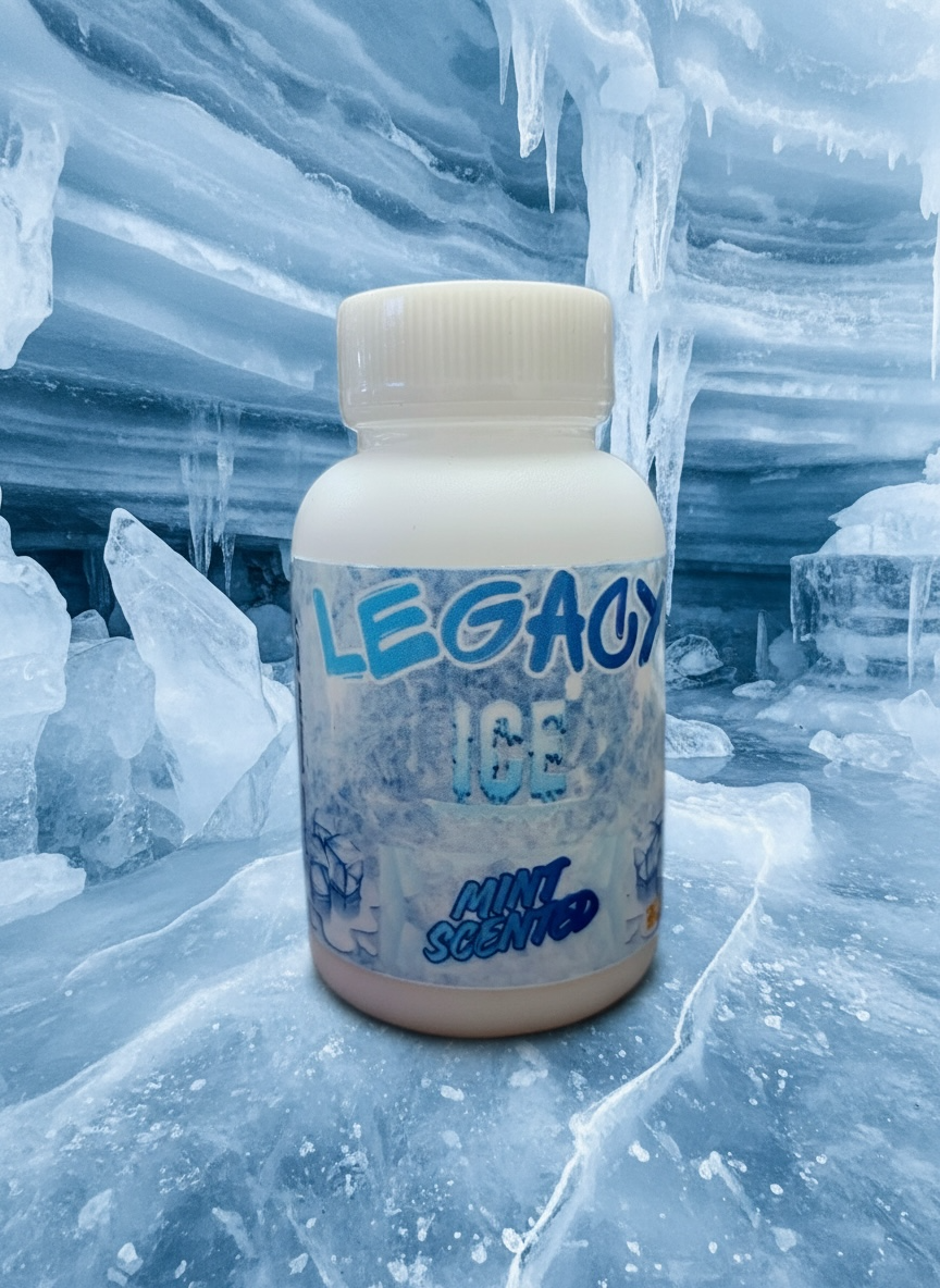 A bottle of ice mint scented supplement with a background of ice and icicles.
