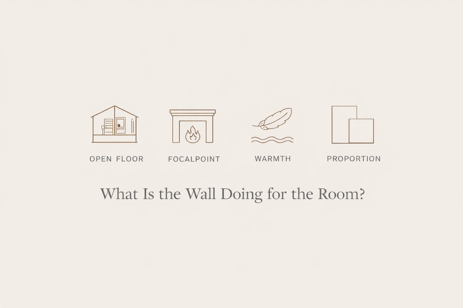 Interior design graphic illustrating the concept of intentional accent walls with icons representing open floor plans, focal points, warmth, and proportion alongside the phrase What is the wall doing for the room.