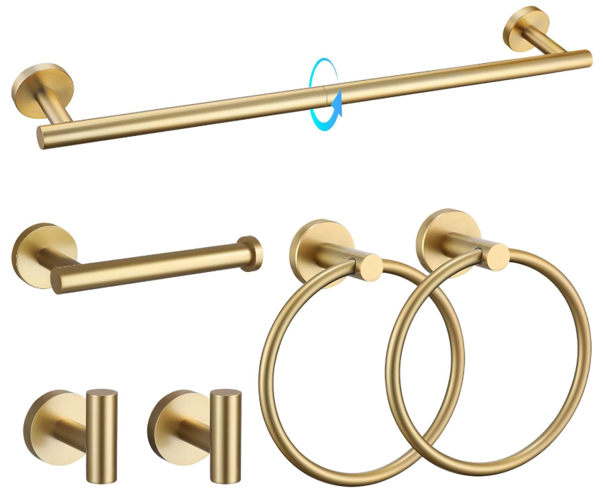 Brushed Gold Bathroom Hardware Set.

Complete your bathroom with a coordinating hardware set that adds warmth and timeless elegance. The brushed gold finish creates a refined, designer-inspired look while providing everyday functionality.