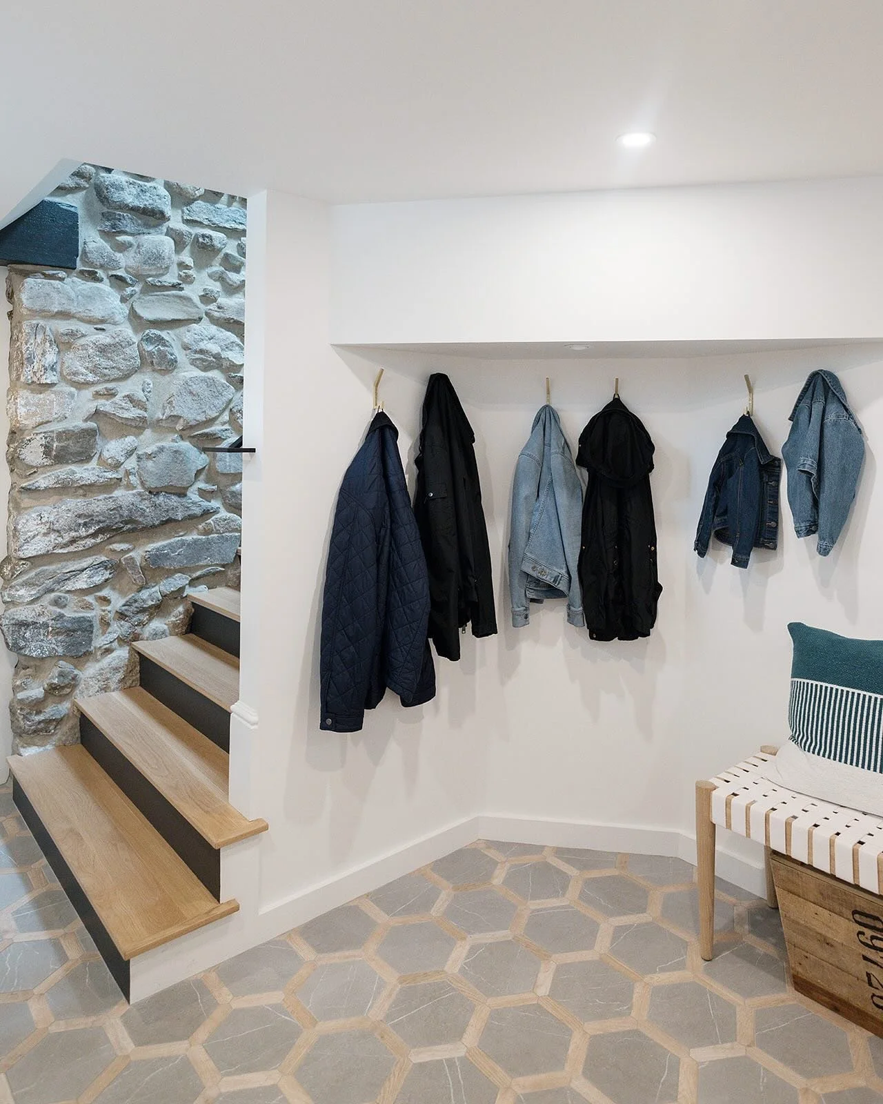 Who says basement mudrooms have to fade into the background?
This one is proof that even the most hardworking spaces can make a statement. I wanted every detail to feel intentional, from the hexagon tile floor (a showstopper in its own right) to the