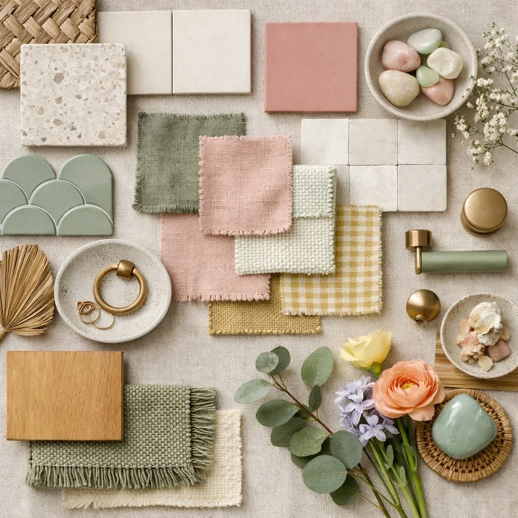 A well designed living room starts long before furniture is installed.

This curated material palette blends natural textures, warm wood finishes, soft textiles, and a green scallop tile feature to create a refined transitional space with a custom we