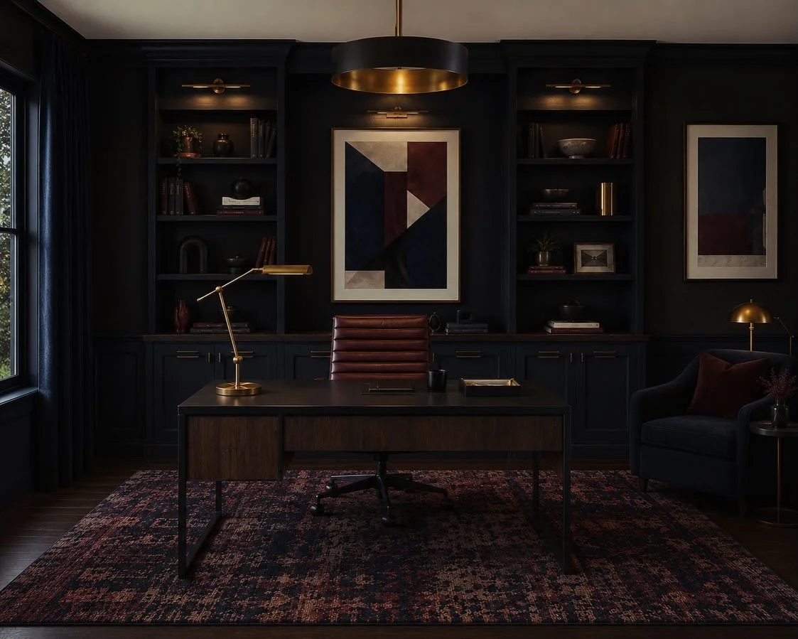 Moody. Refined. Intentional.

This office concept visualization was created to explore materiality, layout, lighting, and overall design intention before bringing the space to life. Rich navy tones, oxblood accents, warm brass detailing, and layered 