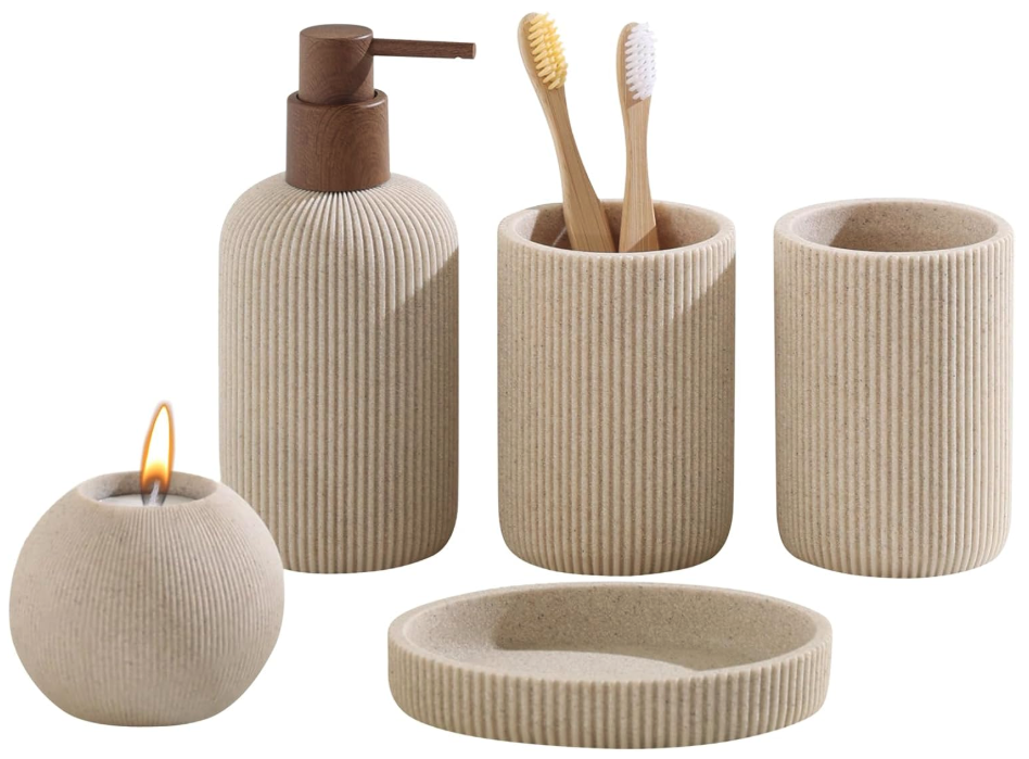 Bathroom Accessory Set.

Keep your vanity beautifully organized with this modern five-piece accessory set. Its neutral finish adds a timeless, spa-inspired touch while keeping everyday essentials neatly within reach.