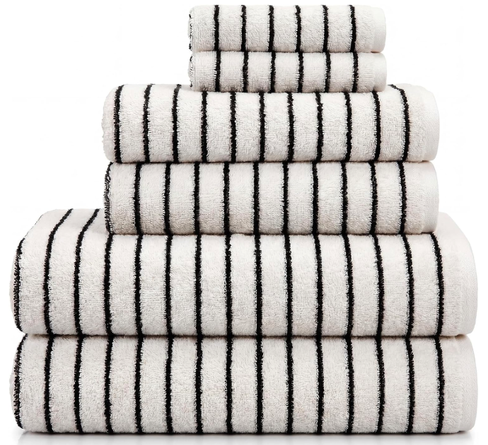 Striped Bath Towel Set.

Refresh your bathroom with a set of soft cotton towels that blend everyday comfort with timeless style. The classic black and white stripes add a clean, elevated look that complements a wide range of bathroom designs.