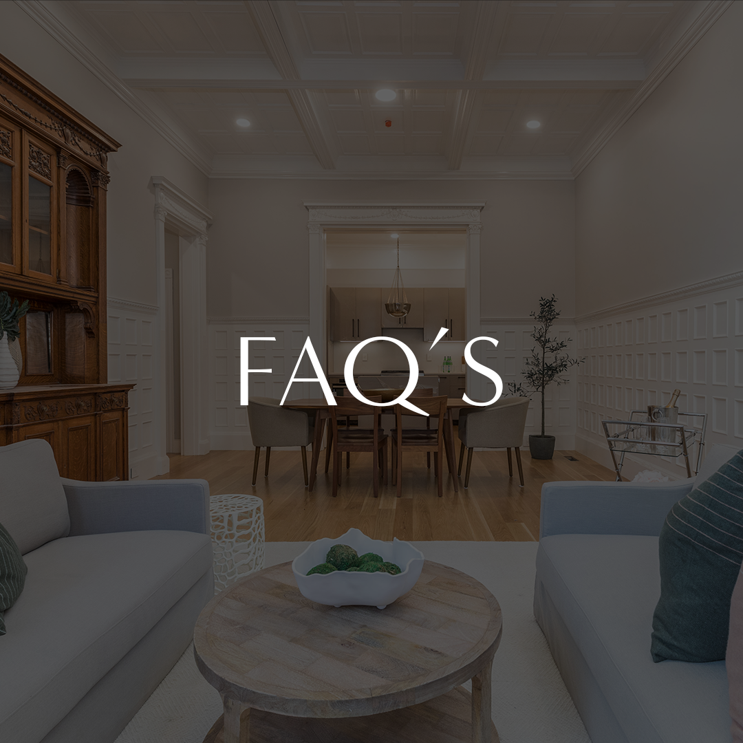 Elegant living room with modern furniture and FAQ's text overlay