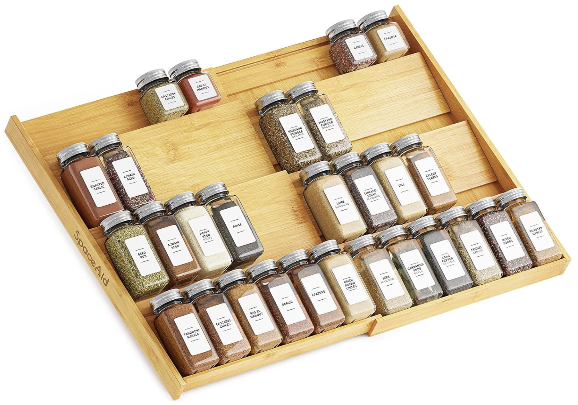 Expandable Spice Drawer Organizer.

Keep your favorite spices neatly organized and easy to find with this expandable bamboo drawer insert. A clean, space-saving solution that transforms cluttered spice drawers into an organized, beautifully functiona