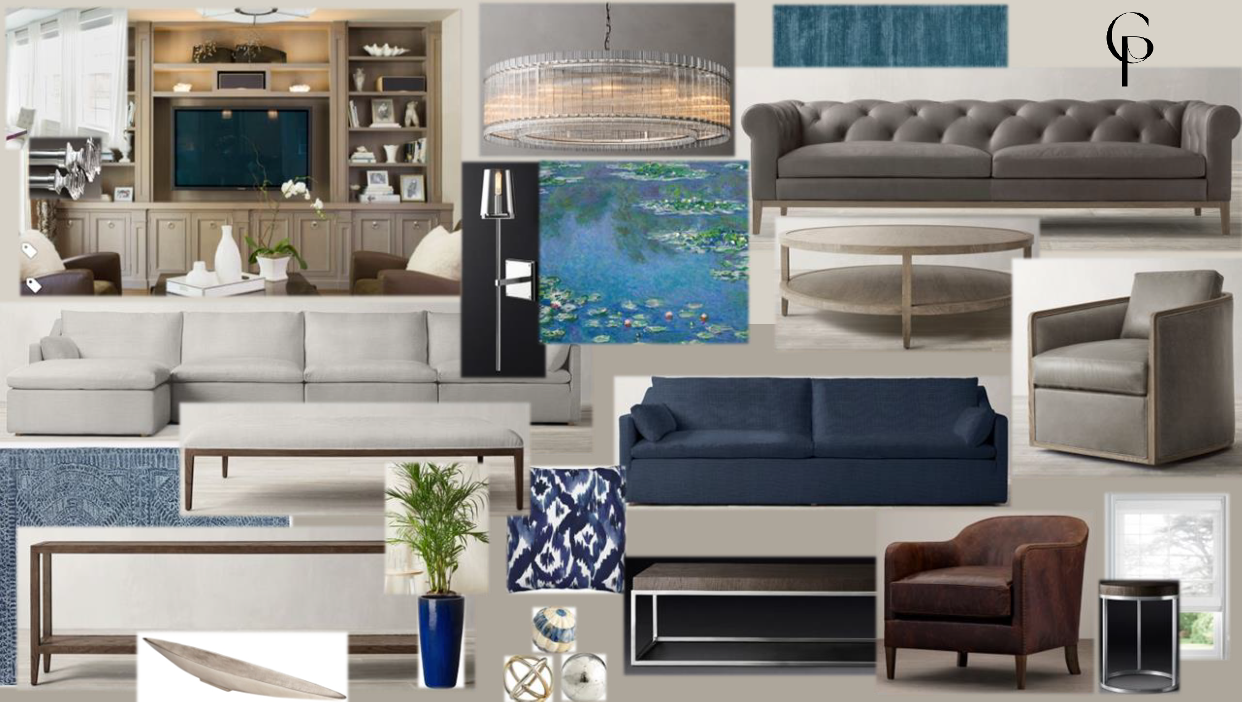 Collage featuring interior design elements, including various sofas, a chandelier, a large bookshelf with a TV, wall art, round and rectangular coffee tables, chairs, throw pillows, a houseplant in a blue pot, and decorative objects, on a neutral background.