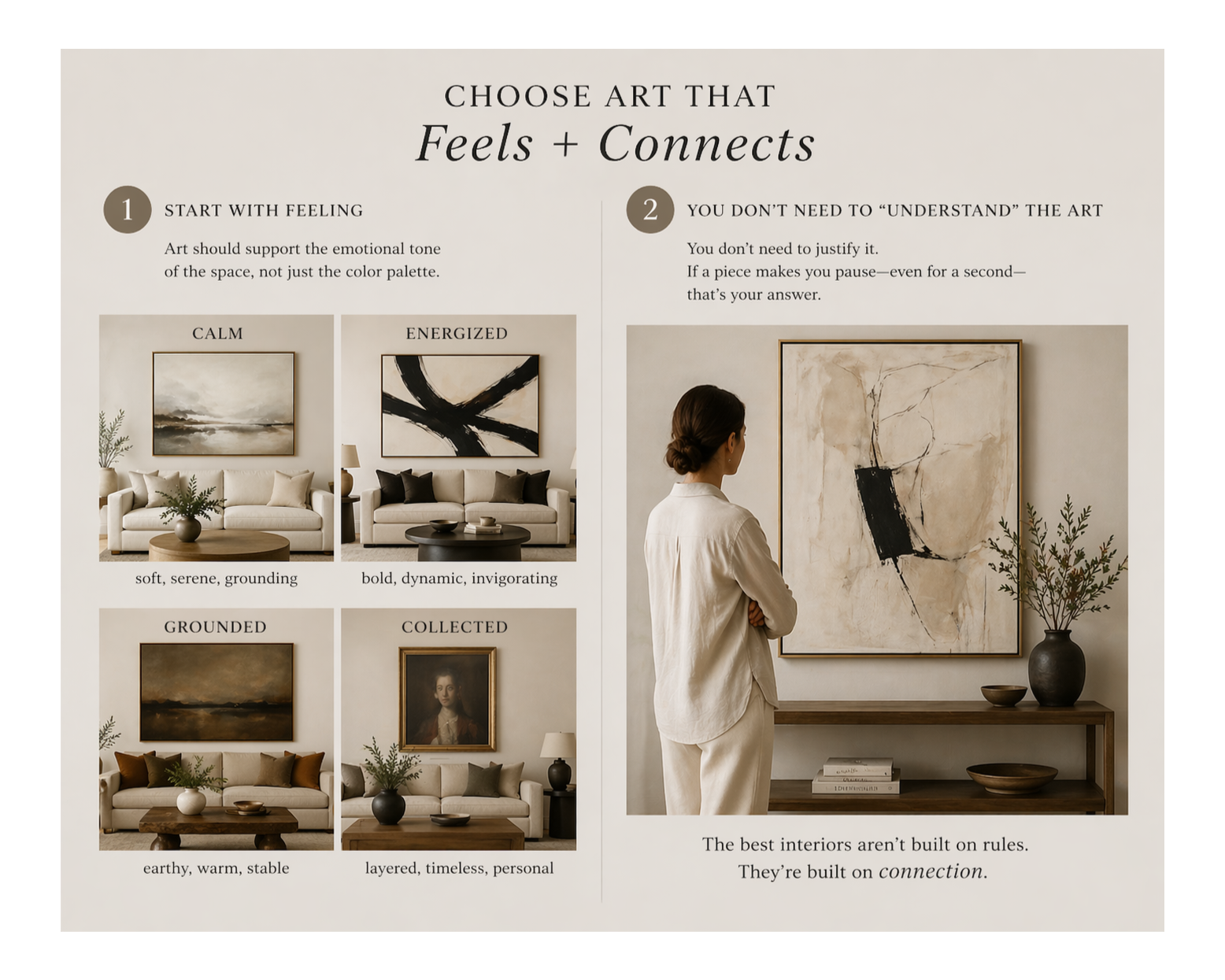Interior design concept showing how to choose artwork based on feeling and emotional connection rather than matching colors, creating a warm and intentional living space