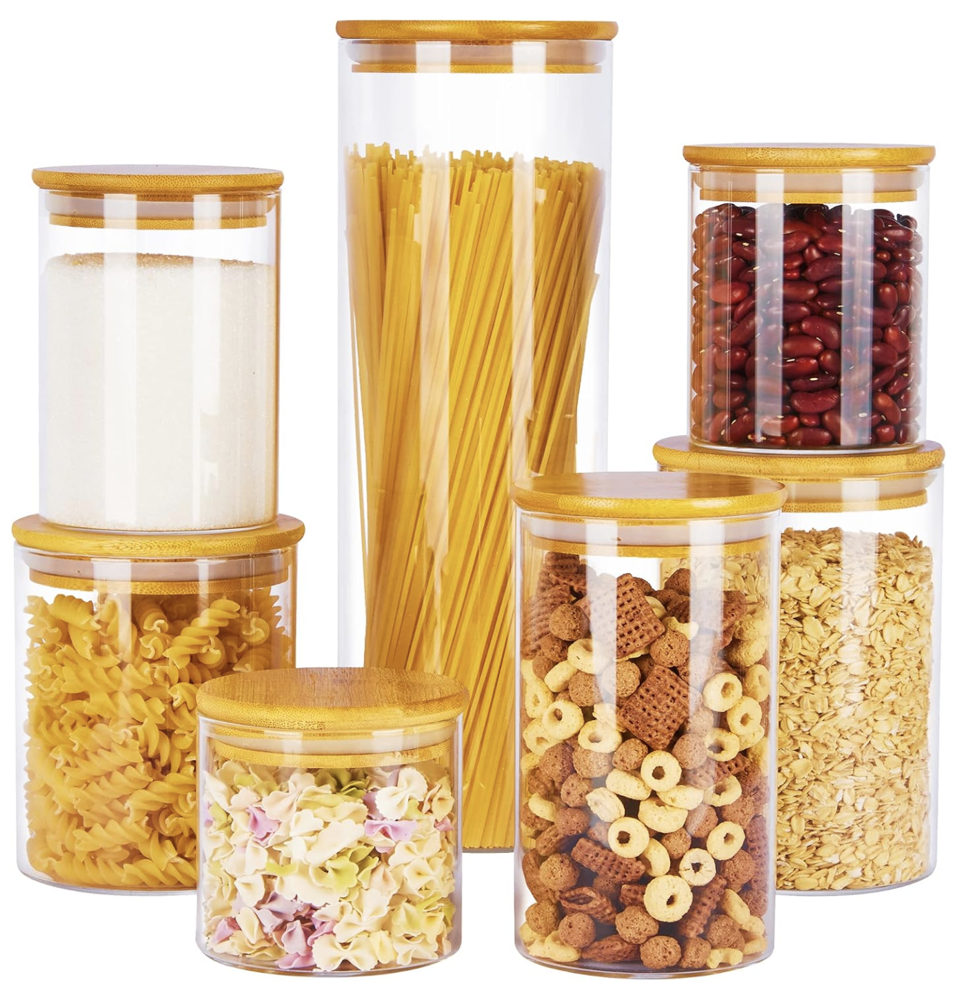 Glass Pantry Storage Canisters.

Elevate your pantry with matching glass canisters that keep dry goods fresh while creating a clean, organized look. The airtight bamboo lids add warmth and style, making everyday pantry staples feel beautifully displa