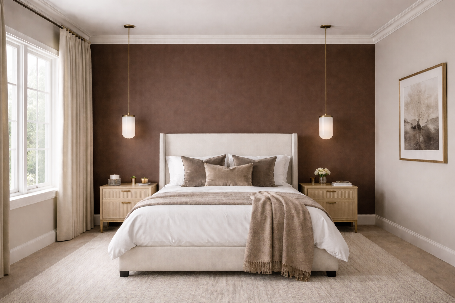 Contemporary bedroom with deep brown painted accent wall behind an upholstered bed, neutral bedding, brass pendant lights, and light wood nightstands creating a warm focal point in a modern interior.