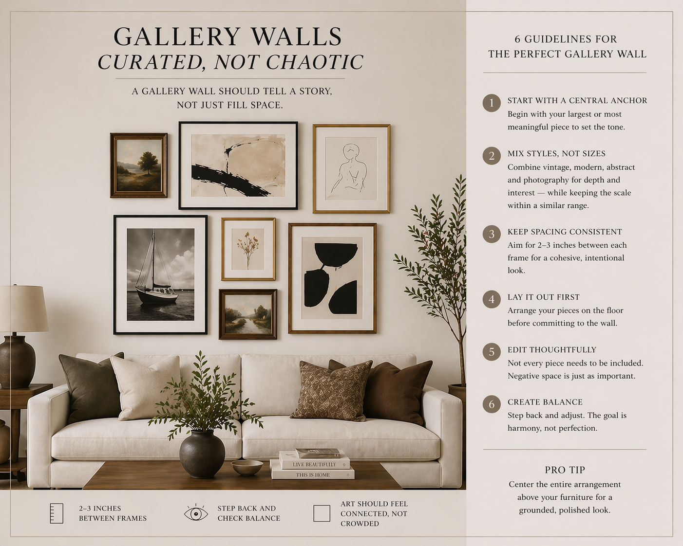 Living room with a curated gallery wall above a sofa featuring a mix of vintage and modern artwork in varied frames, arranged with consistent spacing for a balanced and cohesive look