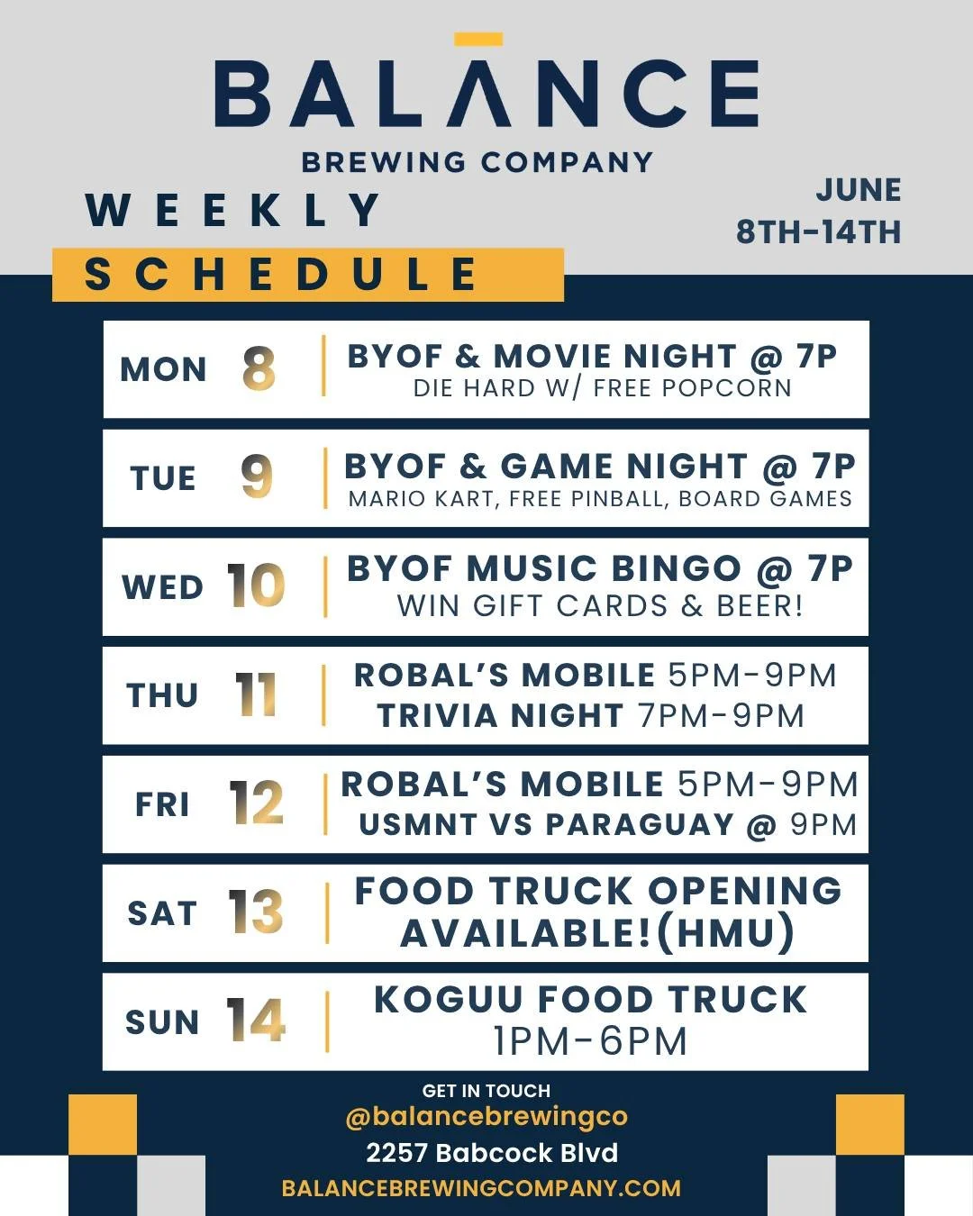 🍻 WEEK OF JUNE 8TH-14TH IS PACKED! 🍻

From BYOF Movie Nights to Music Bingo, Trivia, and the big USMNT vs Paraguay match - we've got something for everyone!

🚚 CALLING ALL FOOD TRUCKS! We have Saturday the 13th WIDE OPEN and ready for you! If you'