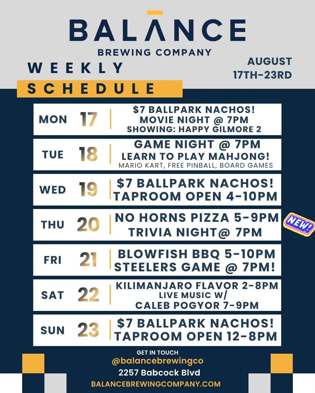 Looking for your next hangout spot? We're here ALL WEEK with game nights, trivia, live music &amp; more! 🍕🍻 Come see what Balance Brewing is all about. August 17-23!
.
.
#CraftBeer #LiveMusic #FoodTrucks #TriviaNight #Mahjong #BalanceBrewingCo #Fin