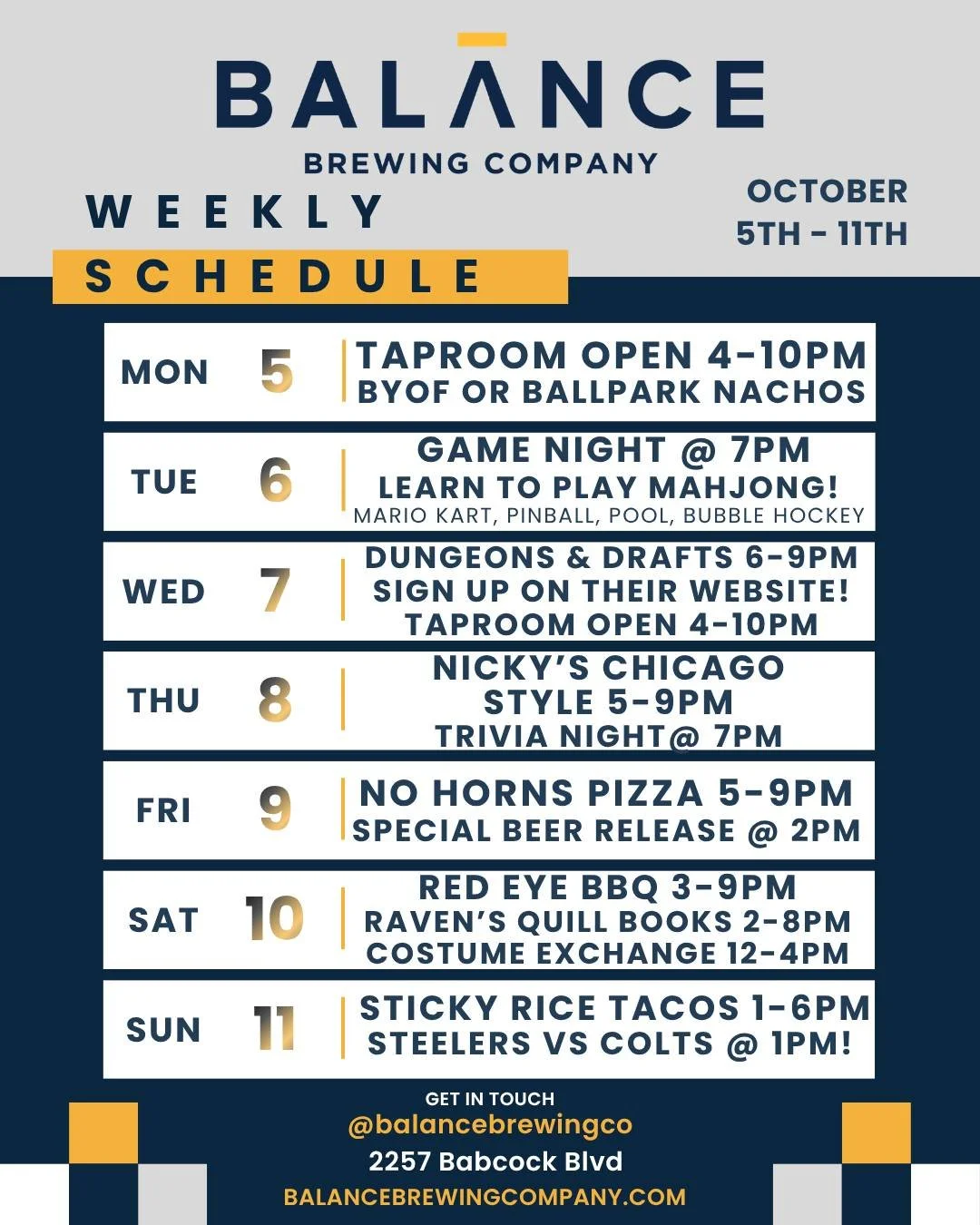 🍺 LINEUP IS FIRE THIS WEEK 🔥

Your Wednesday nights just got better&mdash;Dungeons &amp; Drafts is BACK! Sign up on their website and bring your crew. 🐉

Friday? That's a double feature. No Horns Pizza is returning AND we're dropping a SPECIAL COL