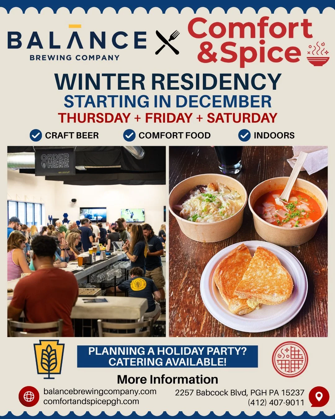 ❄️ WINTER JUST GOT MORE COMFORTING ❄️

Say hello to our new winter bestie: Comfort &amp; Spice! Starting in December, they're joining us in our taproom every Thursday, Friday &amp; Saturday with delicious comfort food that'll warm you right up. Think