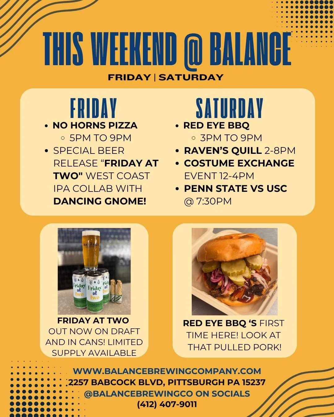 🎃 THIS WEEKEND @ BALANCE! 🎃

FRIDAY: @nohornspizza is rolling through (5-9PM) and we dropped our exclusive Dancing Gnome collab beer&mdash;"Friday at Two" West Coast IPA! 🍕🍺 Limited supply, so get it while you can! 

SATURDAY: It's a tr