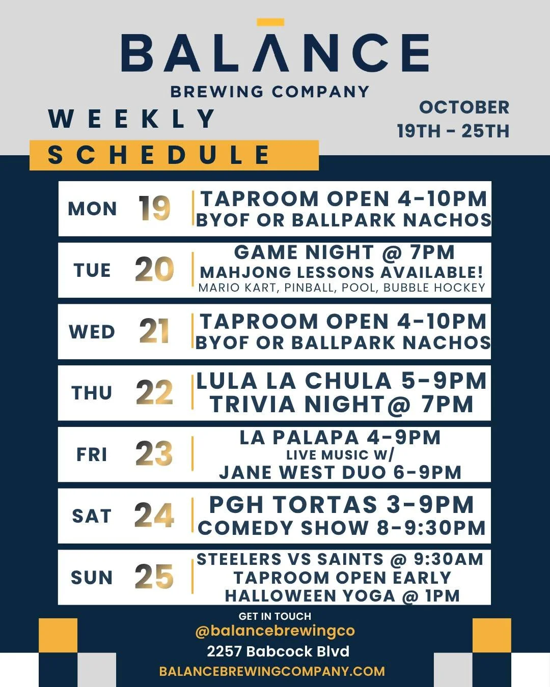 🍺 This Week at Balance is PACKED! 🎉

FRIDAY: @lapalapapgh is rolling through for the first time from 4-9pm, plus live music with @noteastmusic from 6-9pm! 

SATURDAY: @pghtortas is back with the best Mexican sandwiches in tahn. Comedy alert! 🎤 We'