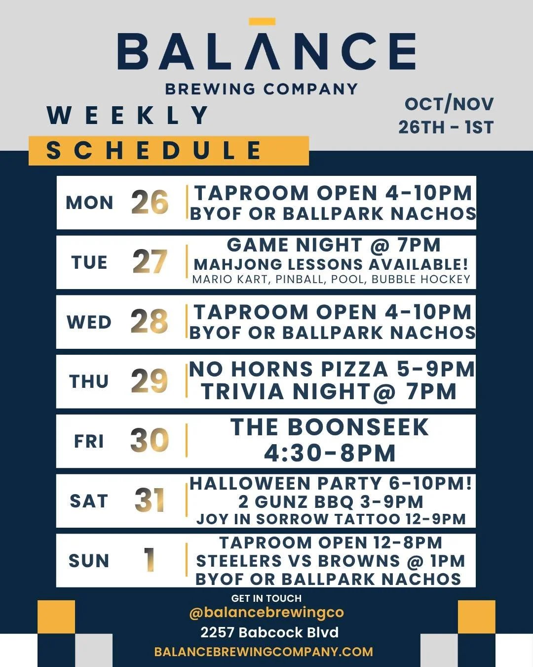 Checkout our full schedule for this week! @nohornspizza is here for trivia night, and @theboonseek on Friday!

Get ready to celebrate Halloween at Balance Brewing! Join us Saturday, Oct 31st from 6-10pm for a night of spooky fun!

✨ Live music from @
