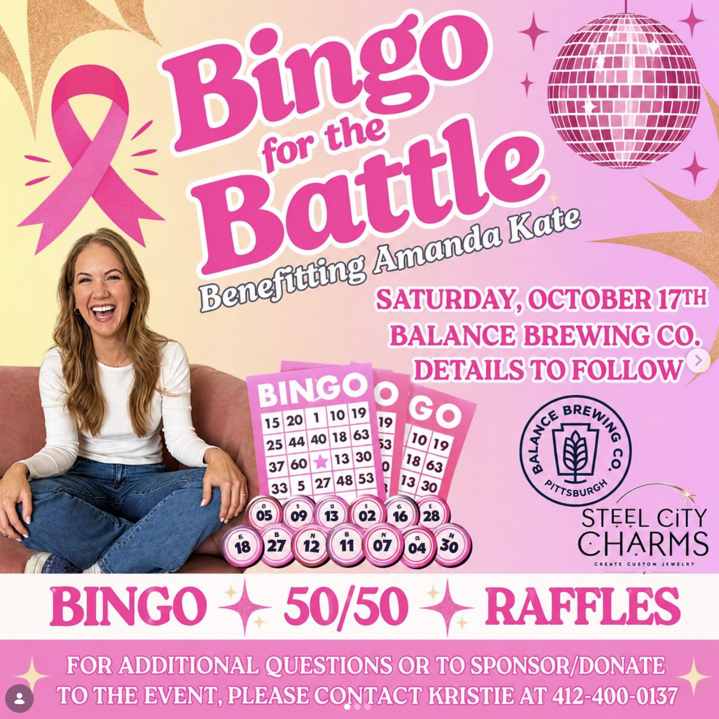Flier with pink breast cancer ribbon and headline that reads Bingo for the Battle