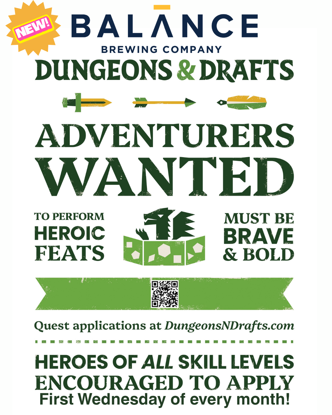 flier for Dungeons & Drafts - green and gold with information about joining in on game night