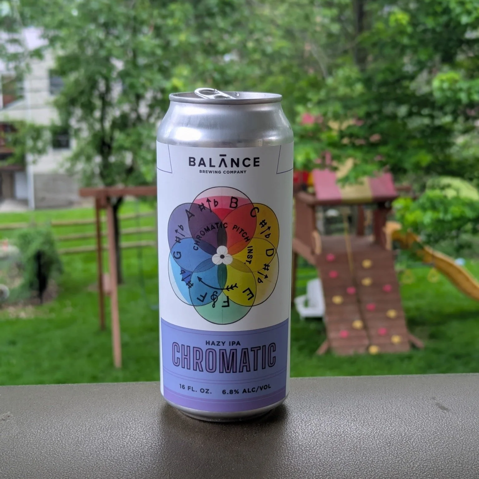 A brightly colored can of Chromatic beer sits on top of a grill overlooking a green backyard with a brightly colored playset visible in the backyard. 