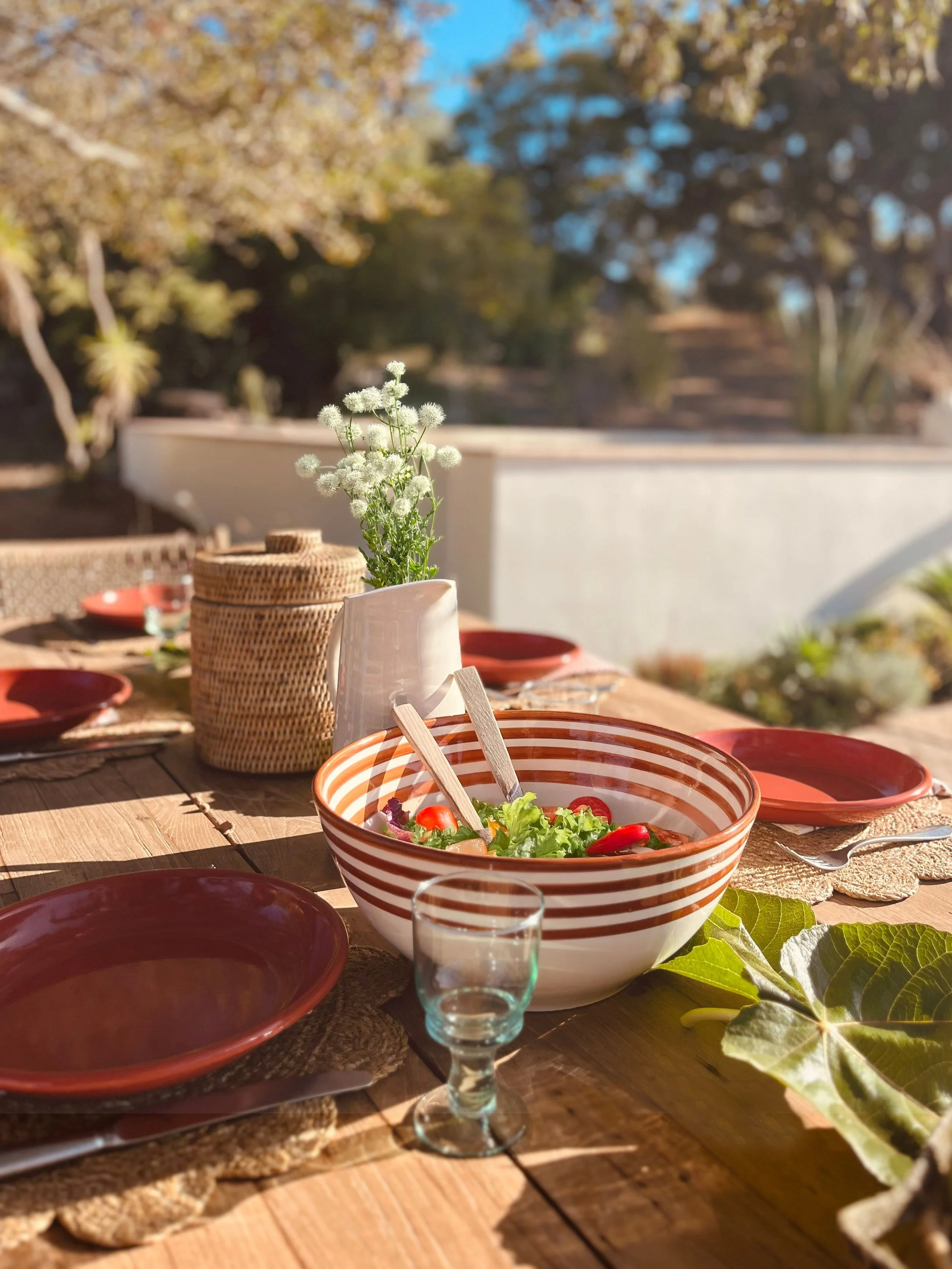 A rustic outdoor dining table set for a meal with red and striped bowls, a clear glass, a white pitcher with a plant, and various other tableware, with a background of trees and a bright blue sky.