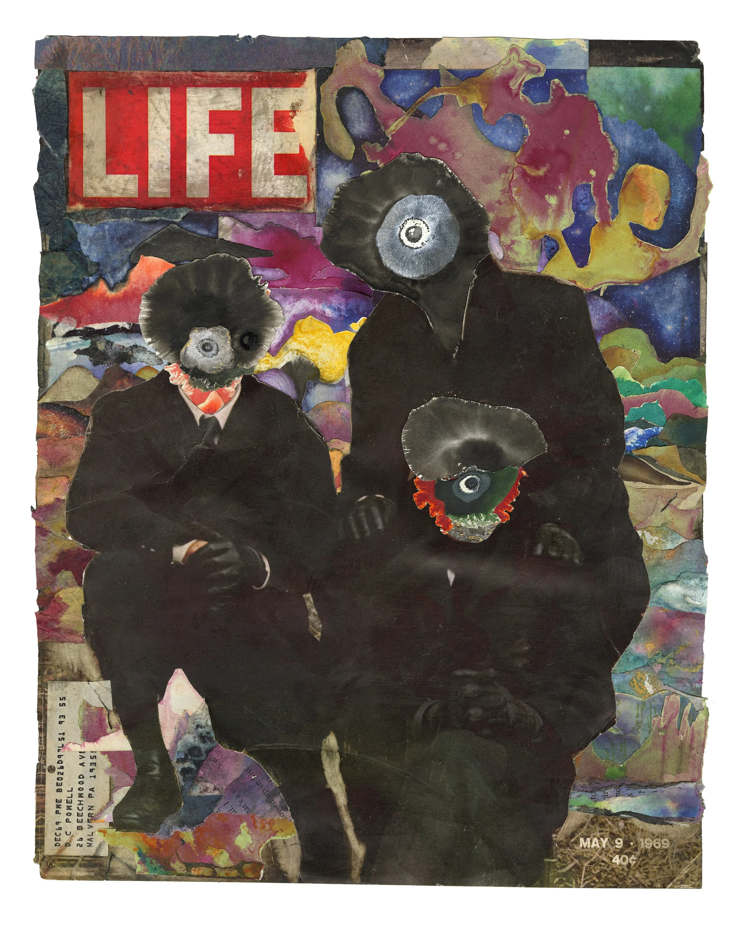 Beatrice Sadler 
The Boys, 2024 
31.25 x 25.25 in
Mixed media collage with hand-dyed paper, watercolor, ink, granulation medium, isopropyl alcohol, wintergreen oil, vintage printed matter, and found materials
$700
